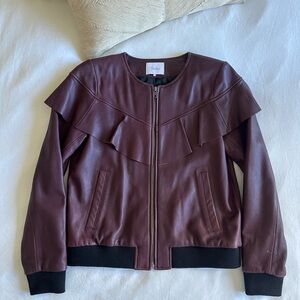 Parker Burgundy Leather Jacket with Ruffle Detail